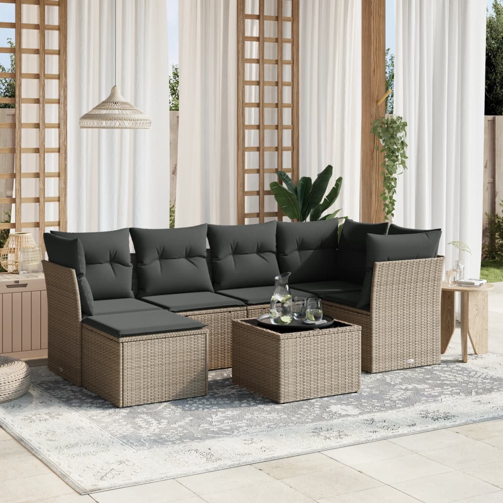 Set Sofás De Jardín 7 Piezas Y Cojines Ratán Sintético Beige