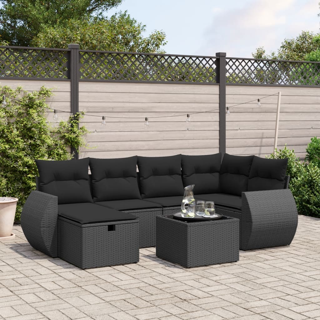 Set De Sofás De Jardín 7 Pzas Con Cojines Ratán Sintético Negro