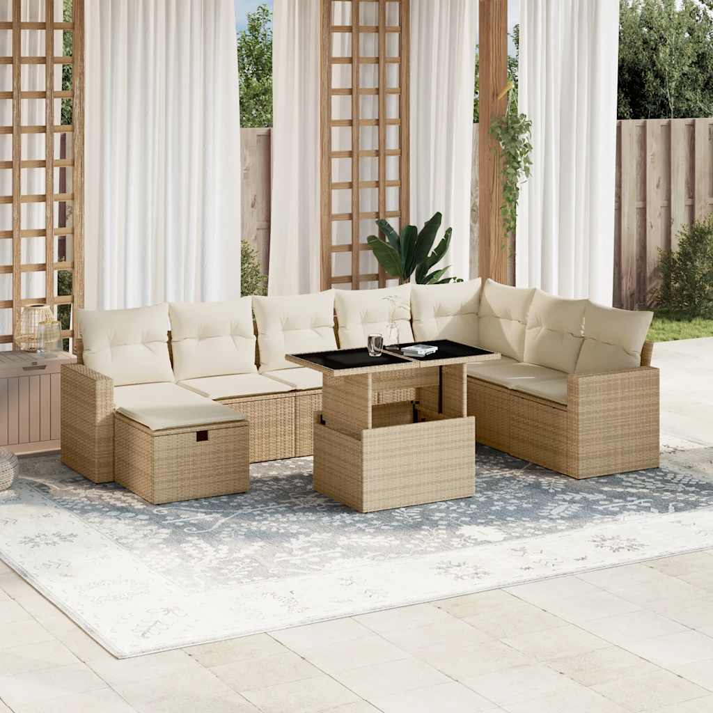 Set De Sofás De Jardín Con Cojines 9 Pzas Ratán Sintético Beige