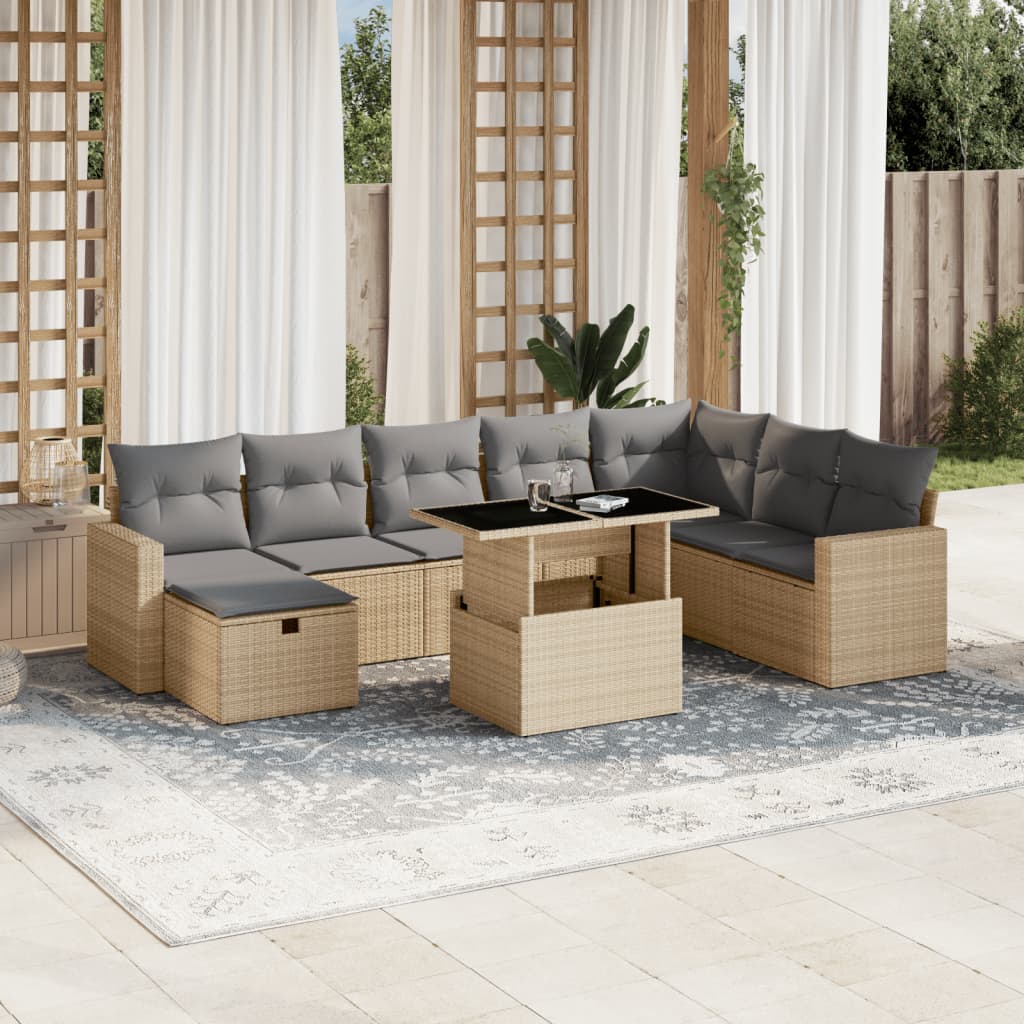 Set De Sofás De Jardín Con Cojines 9 Pzas Ratán Sintético Beige