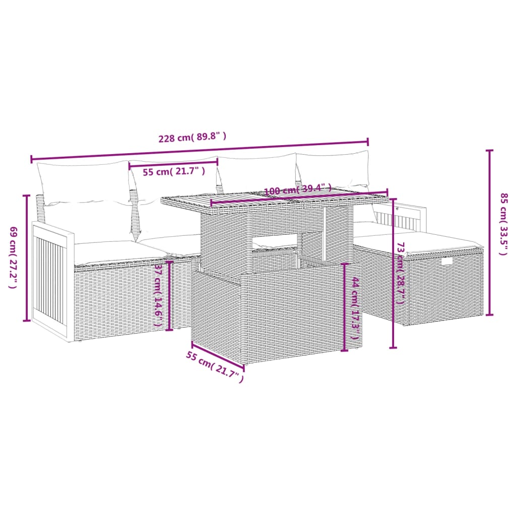 Set De Muebles De Jardín 6 Pzas Y Cojines Ratán Sintético