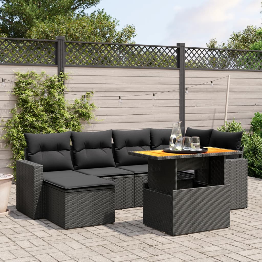 Set De Sofás De Jardín 7 Pzas Con Cojines Ratán Sintético Negro