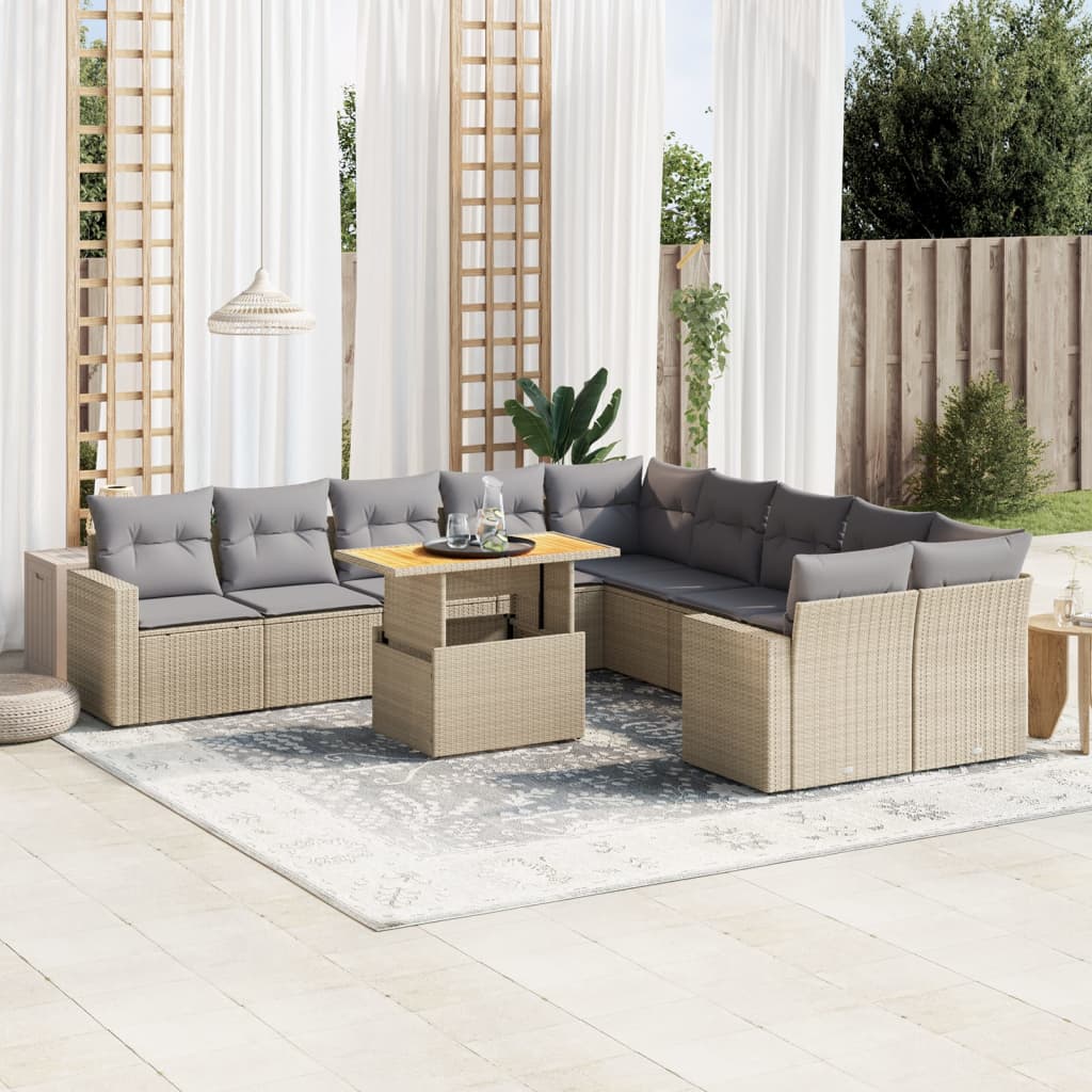 Set De Sofás De Jardín 11Pzas Con Cojines Ratán Sintético Beige
