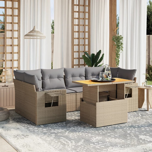 Set Sofás De Jardín 7 Piezas Y Cojines Ratán Sintético Beige