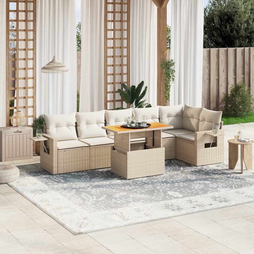 Set Sofás De Jardín 7 Piezas Y Cojines Ratán Sintético Beige