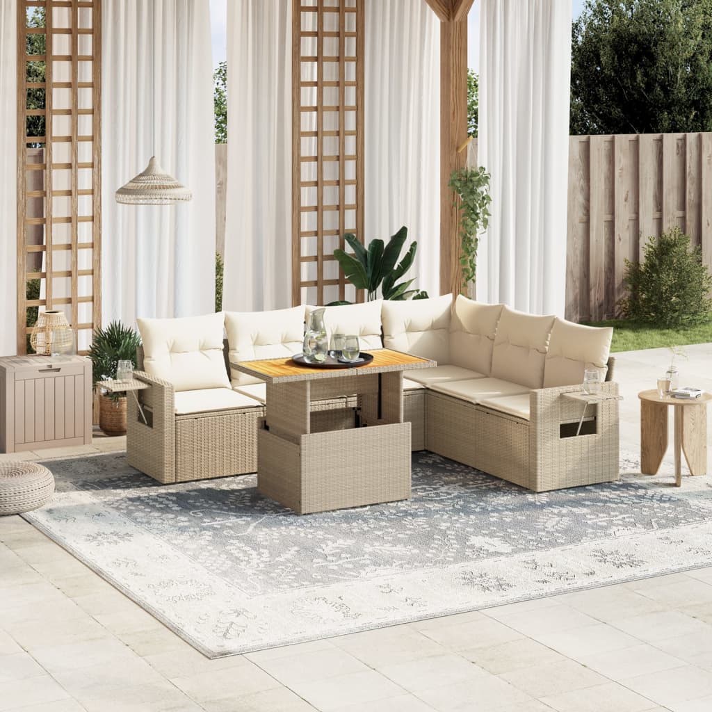 Set Sofás De Jardín 7 Piezas Y Cojines Ratán Sintético Beige