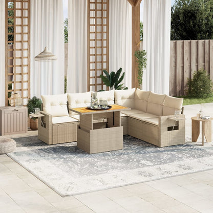 Set Sofás De Jardín 7 Piezas Y Cojines Ratán Sintético Beige