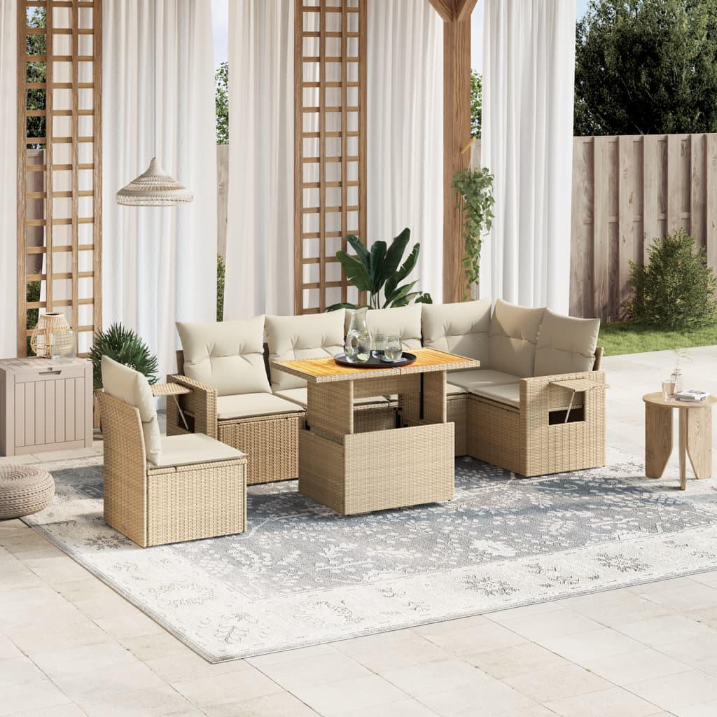 Set Sofás De Jardín 7 Piezas Y Cojines Ratán Sintético Beige
