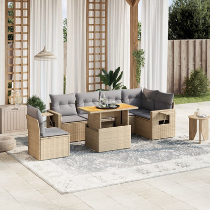 Set Sofás De Jardín 7 Piezas Y Cojines Ratán Sintético Beige