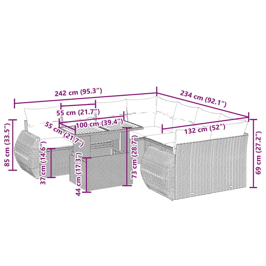 Set De Sofás De Jardín 9 Pzas Con Cojines Ratán Sintético Beige