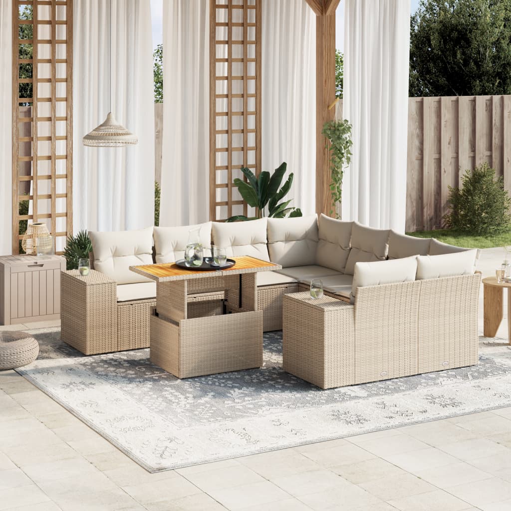 Set De Sofás De Jardín 9 Pzas Con Cojines Ratán Sintético Beige