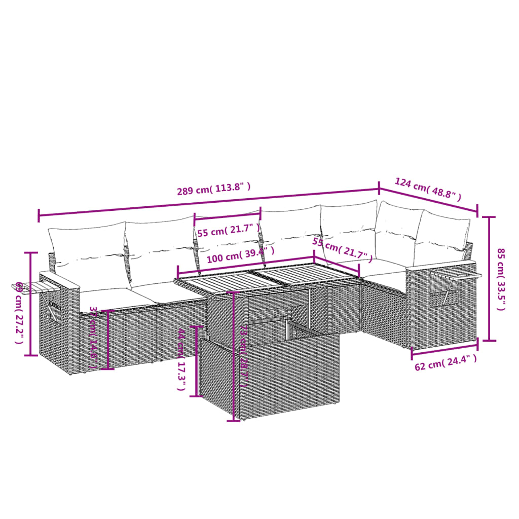 Set De Comedor De Jardín 7 Pzas Y Cojines Ratán Sintético Negro
