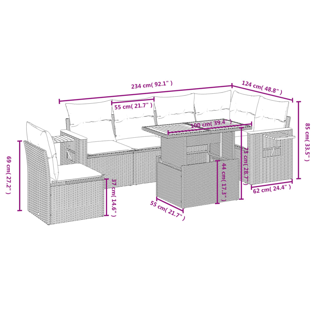 Set De Comedor De Jardín 7 Pzas Y Cojines Ratán Sintético Negro