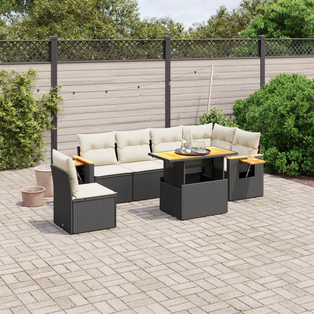 Set De Comedor De Jardín 7 Pzas Y Cojines Ratán Sintético Negro