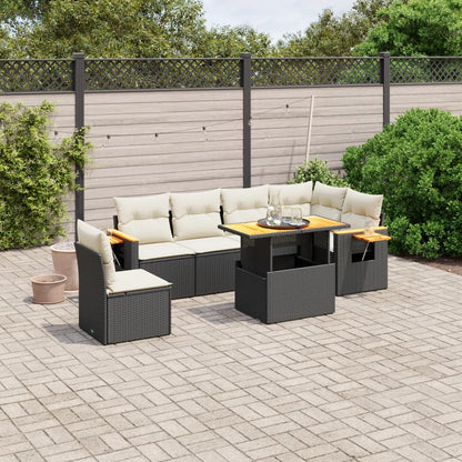 Set De Comedor De Jardín 7 Pzas Y Cojines Ratán Sintético Negro