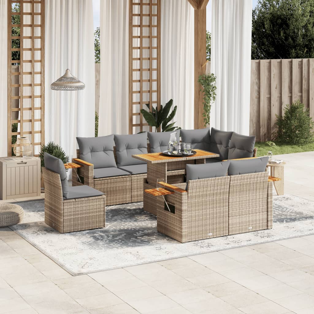 Set De Sofás De Jardín 9 Pzas Con Cojines Ratán Sintético Beige