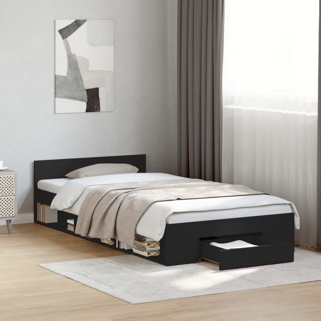 Cama Con Cajón Madera De Ingeniería Negra