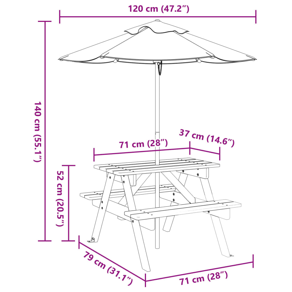 Mesa De Picnic Para 4 Niños Agujero Para Sombrilla Madera Abeto