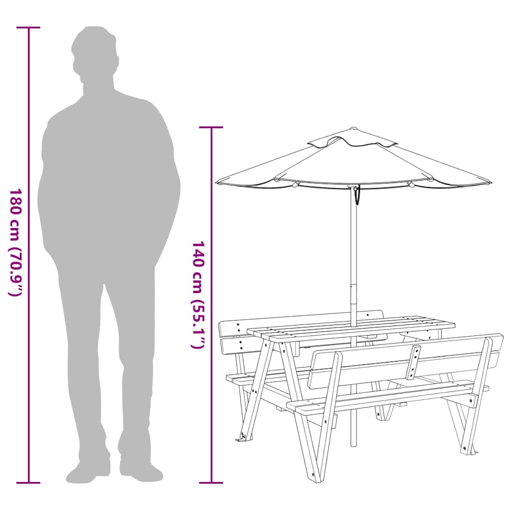Mesa De Picnic Para 4 Niños Agujero Para Sombrilla Madera Abeto
