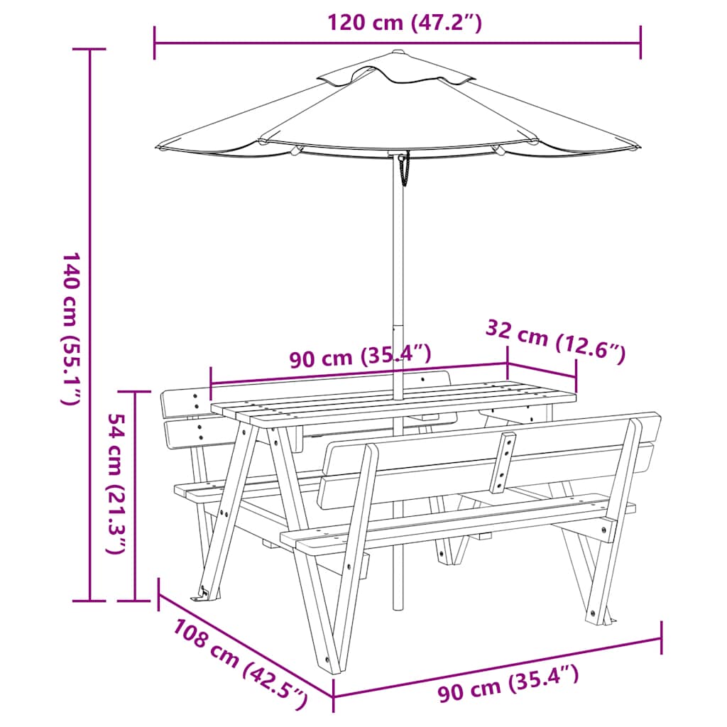 Mesa De Picnic Para 4 Niños Agujero Para Sombrilla Madera Abeto