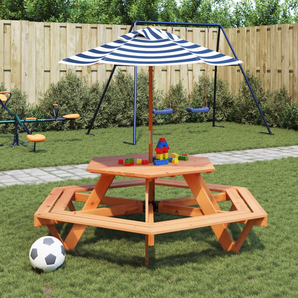 Mesa De Picnic Hexagonal 6 Niños Agujero Sombrilla Madera Abeto