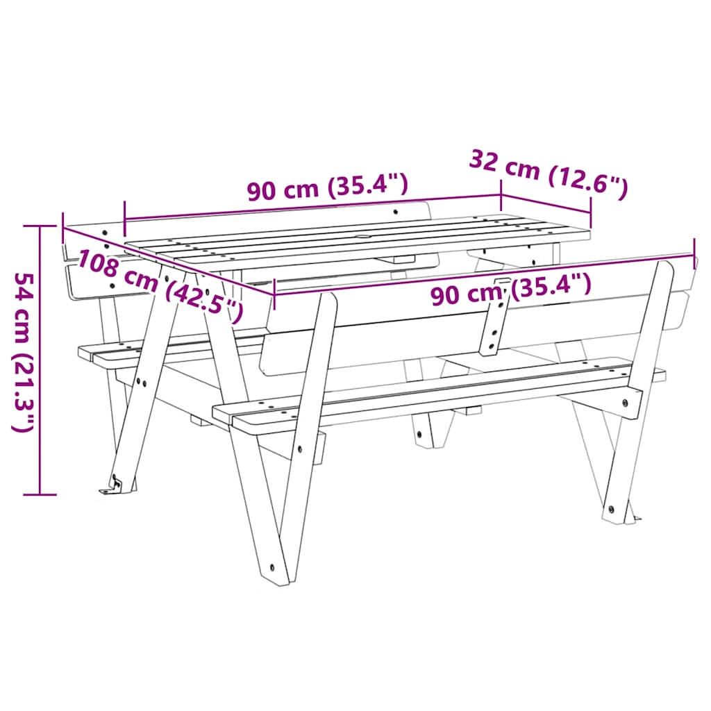 Mesa De Picnic Para 4 Niños Agujero Para Sombrilla Madera Abeto