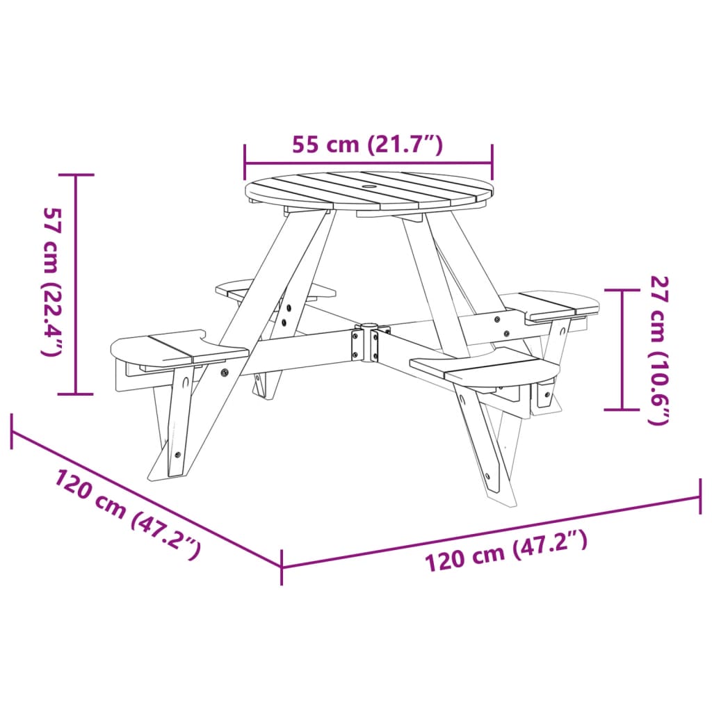 Mesa De Picnic Para 4 Niños Agujero Para Sombrilla Madera Abeto