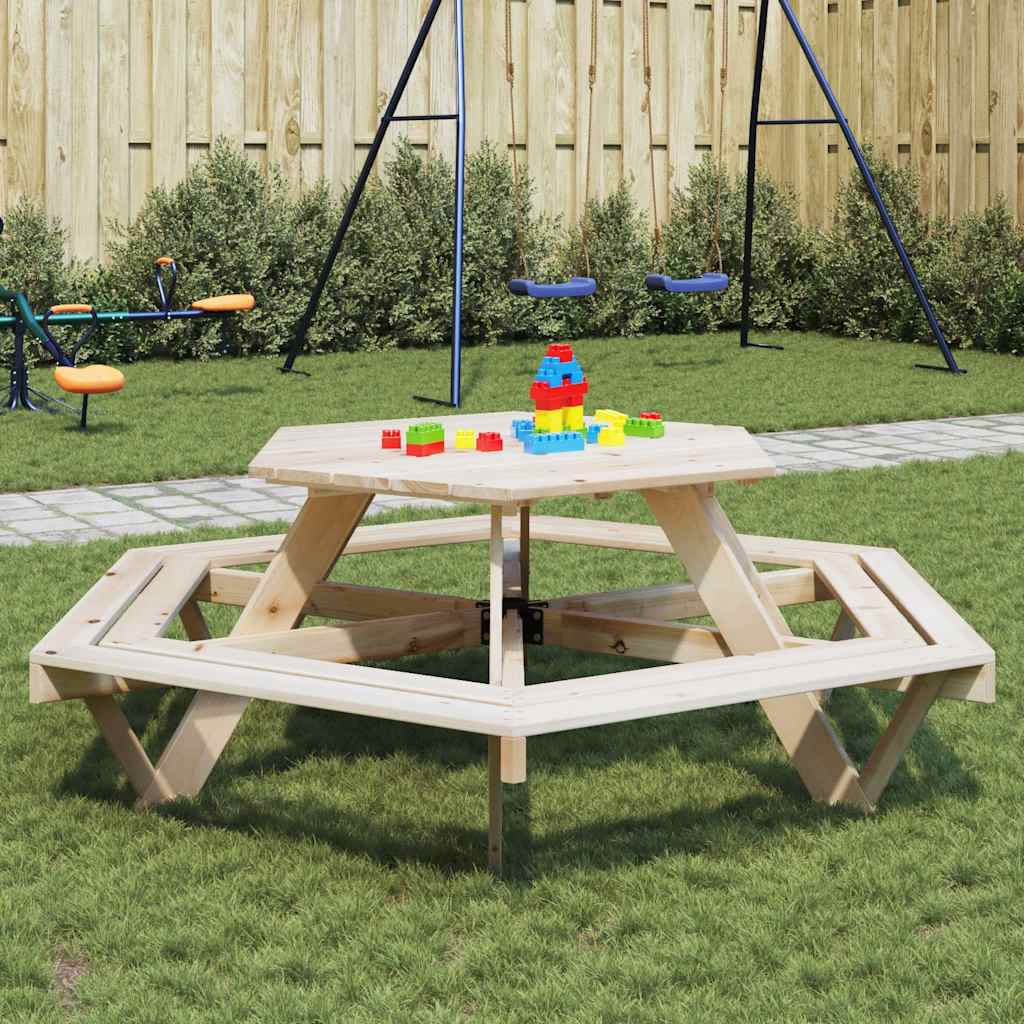 Mesa De Picnic Hexagonal 6 Niños Agujero Sombrilla Madera Abeto