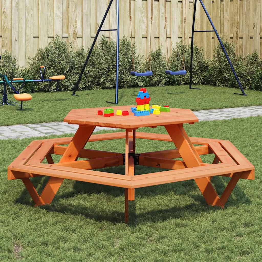 Mesa De Picnic Hexagonal 6 Niños Agujero Sombrilla Madera Abeto