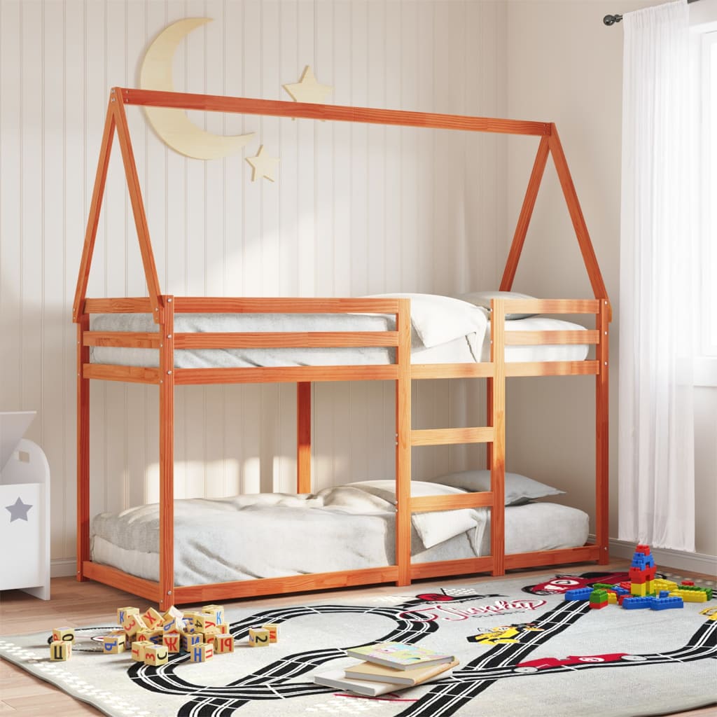 Cama Litera Con Techo Madera Maciza Pino Marrón