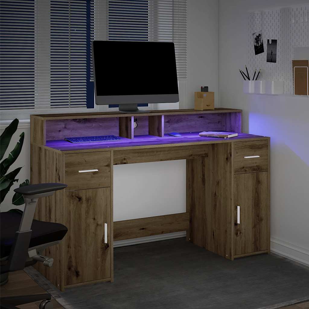 Escritorio Con Led Madera Ingeniería Roble Artisian 140X55X91Cm