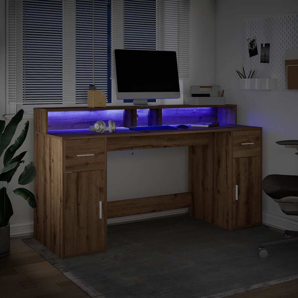 Escritorio Con Led Madera Ingeniería Roble Artisian 160X55X91Cm