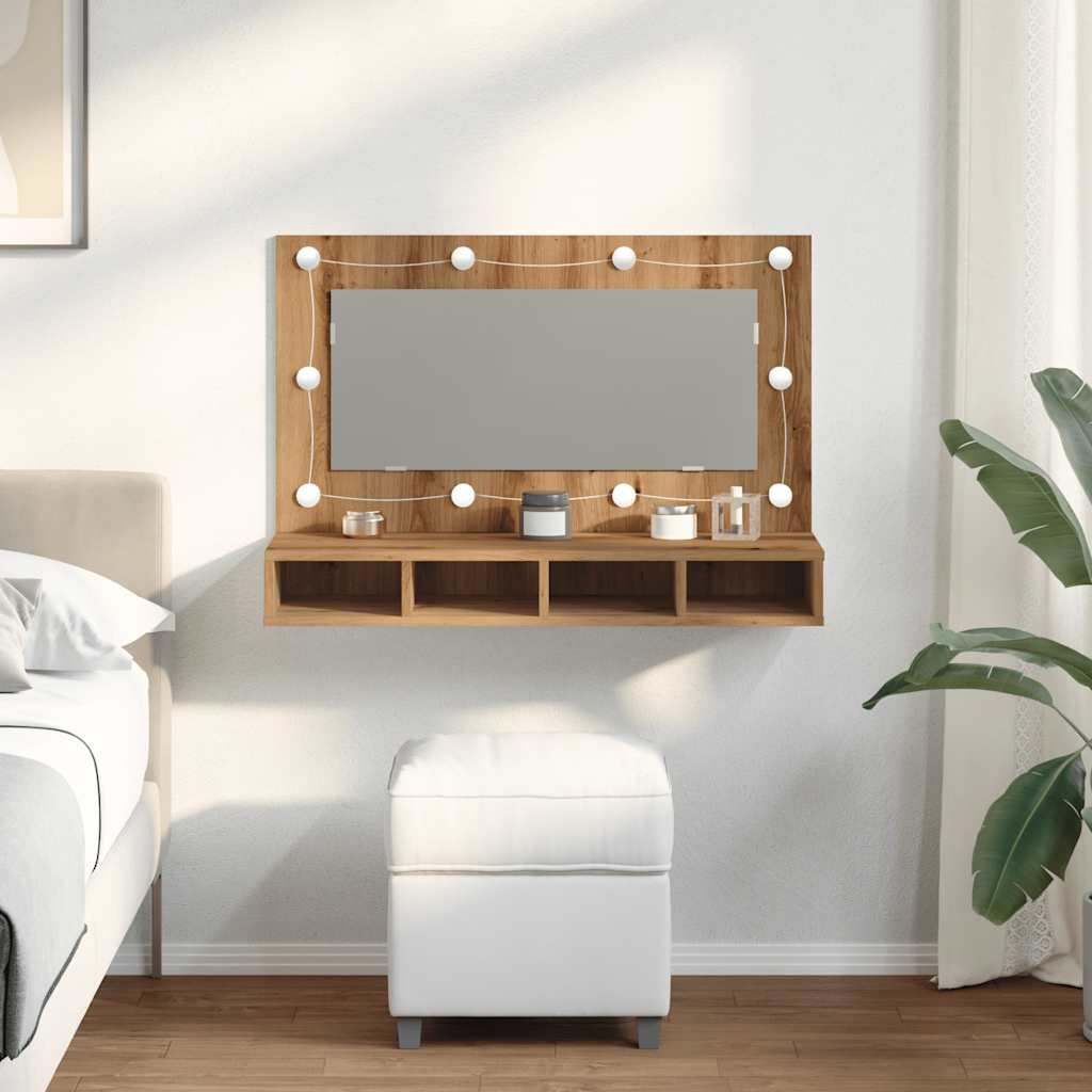 Armario Con Espejo Y Led Roble Artesano 90X31,5X62 Cm