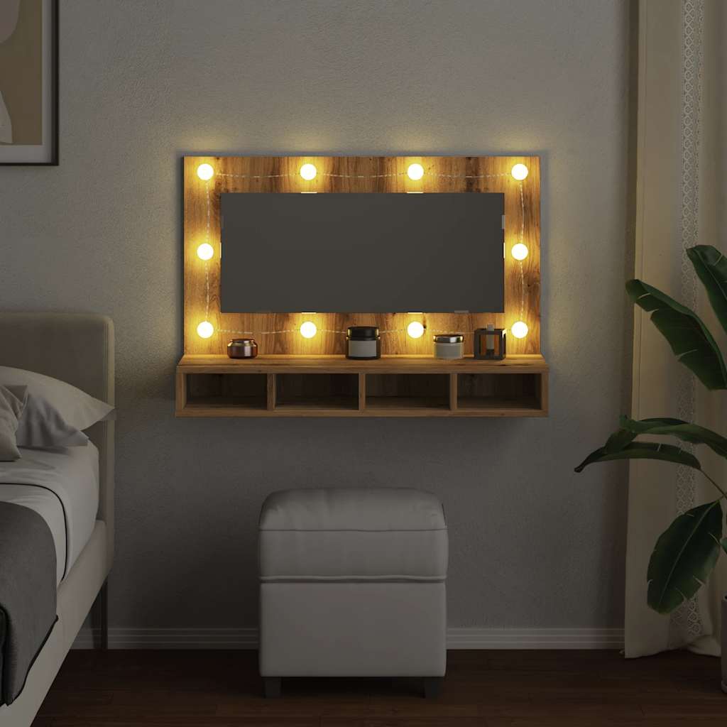 Armario Con Espejo Y Led Roble Artesano 90X31,5X62 Cm