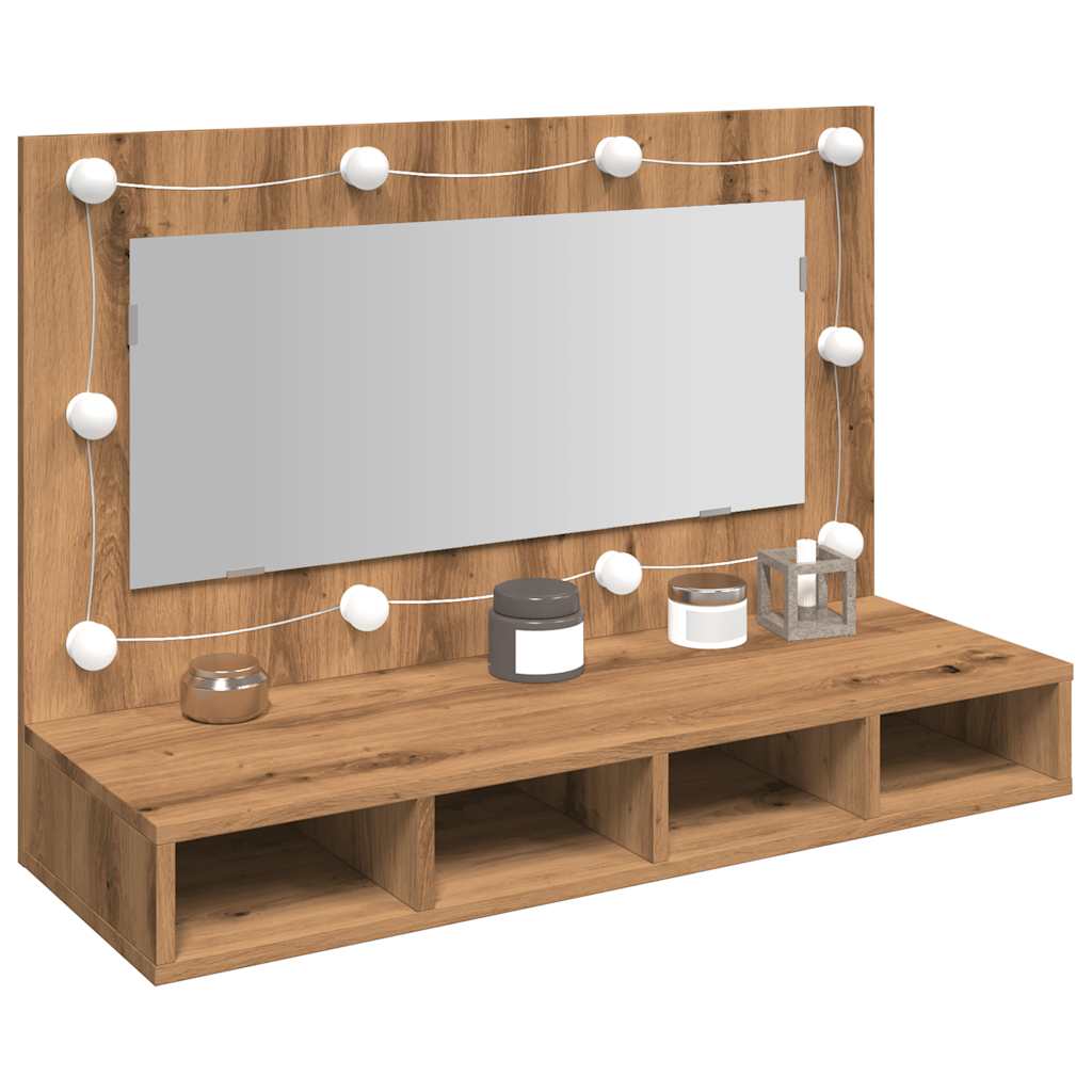 Armario Con Espejo Y Led Roble Artesano 90X31,5X62 Cm