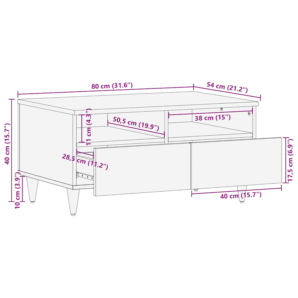 Mesa De Centro De Madera Maciza Mango 80X54X40 Cm