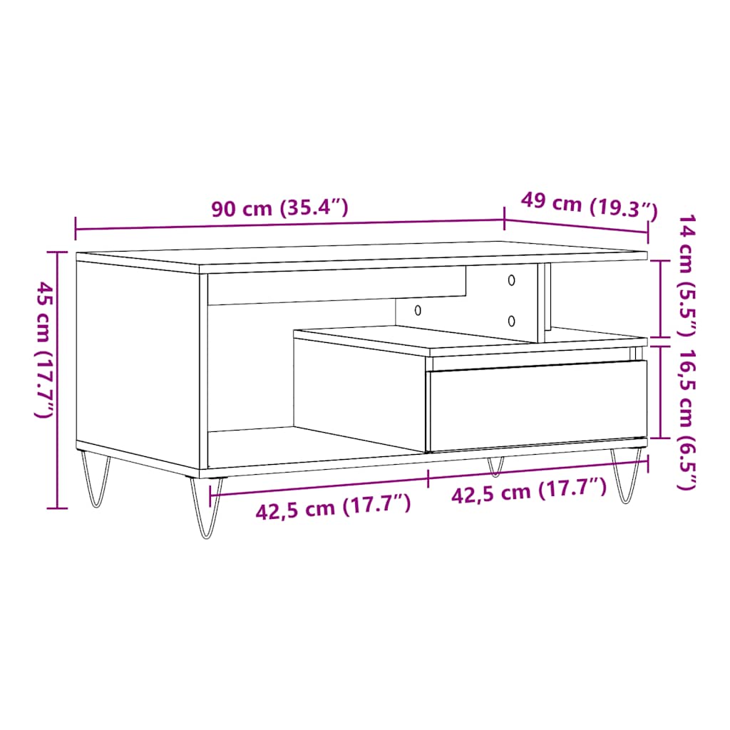 Mesa De Centro Madera Ingeniería Madera Envejecida 90X49X45 Cm