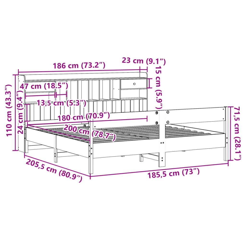 Cama Con Estantería Sin Colchón Madera Maciza De Pino 180X200Cm
