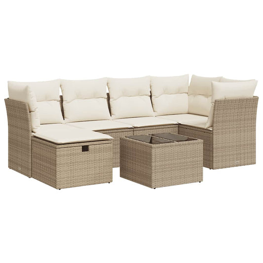 Set Sofás De Jardín 7 Piezas Y Cojines Ratán Sintético Beige