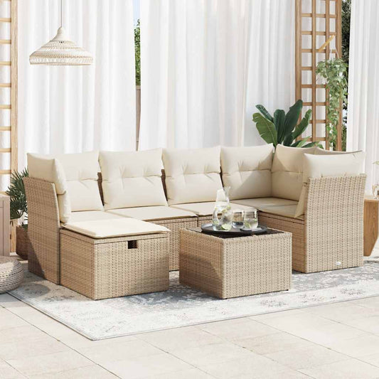 Set Sofás De Jardín 7 Piezas Y Cojines Ratán Sintético Beige