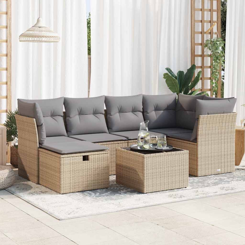 Set Sofás De Jardín 7 Piezas Y Cojines Ratán Sintético Beige