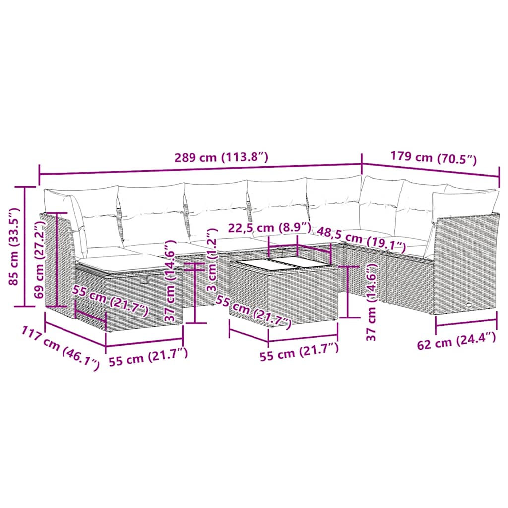 Set De Sofás De Jardín Con Cojines 9 Pzas Ratán Sintético Beige