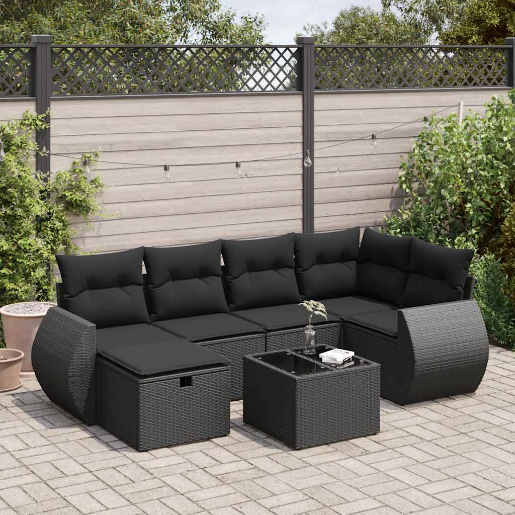 Set De Sofás De Jardín 7 Pzas Con Cojines Ratán Sintético Negro