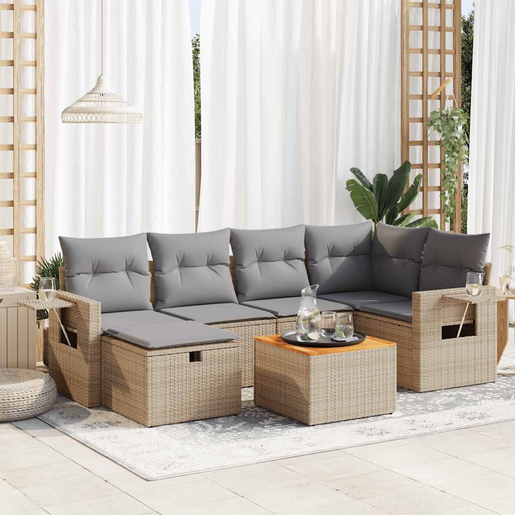Set Sofás De Jardín 7 Piezas Y Cojines Ratán Sintético Beige
