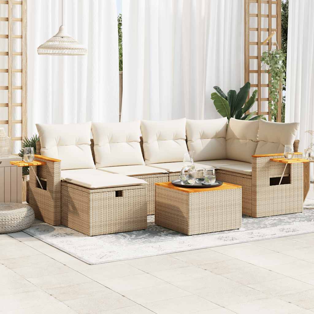 Set Sofás De Jardín 7 Piezas Y Cojines Ratán Sintético Beige