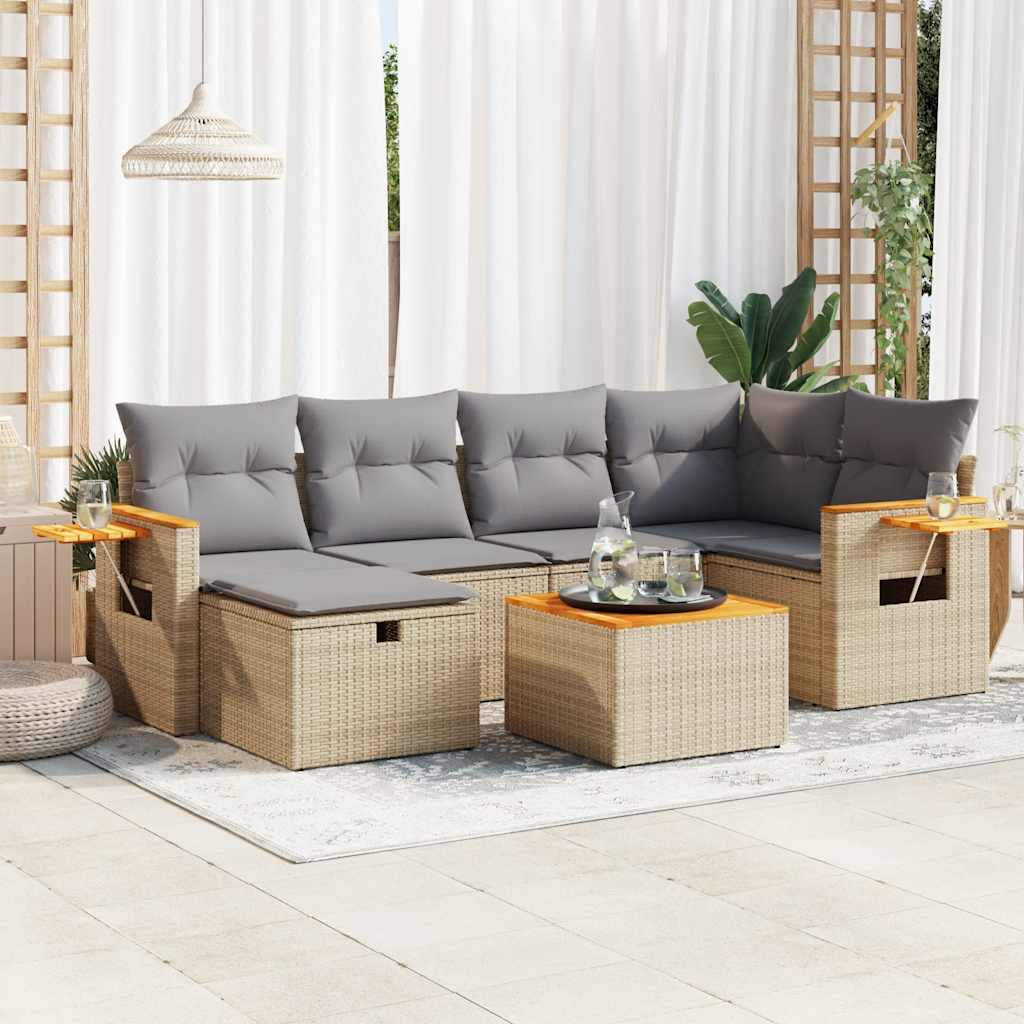 Set Sofás De Jardín 7 Piezas Y Cojines Ratán Sintético Beige