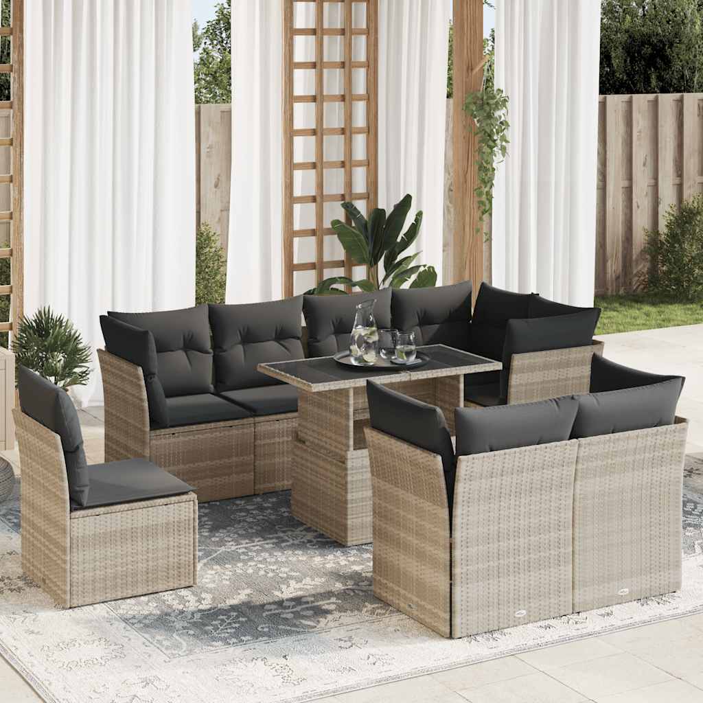 Set De Sofás De Jardín Con Cojines 9 Pzas Ratán Sintético Beige