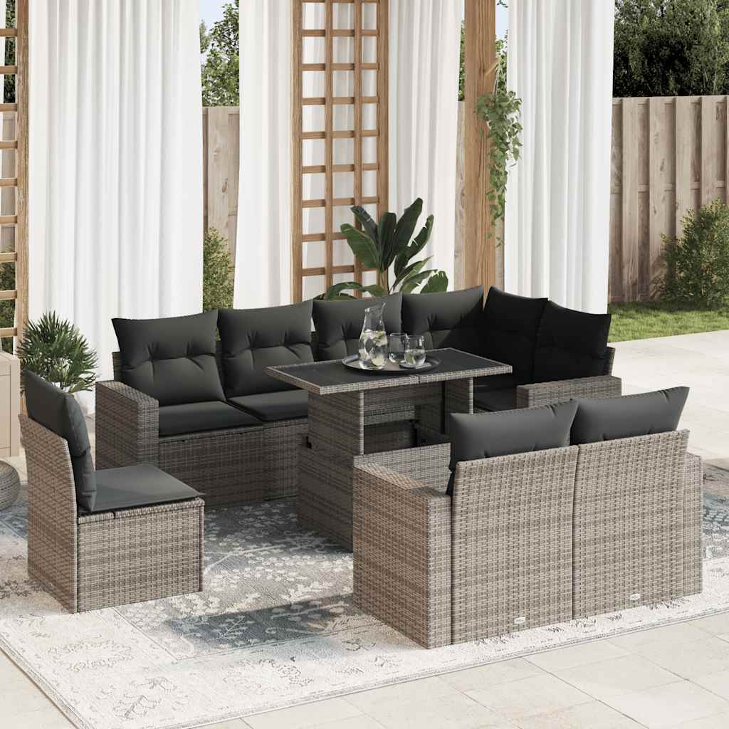 Set De Sofás De Jardín 9 Pzas Y Cojines Ratán Sintético Marrón