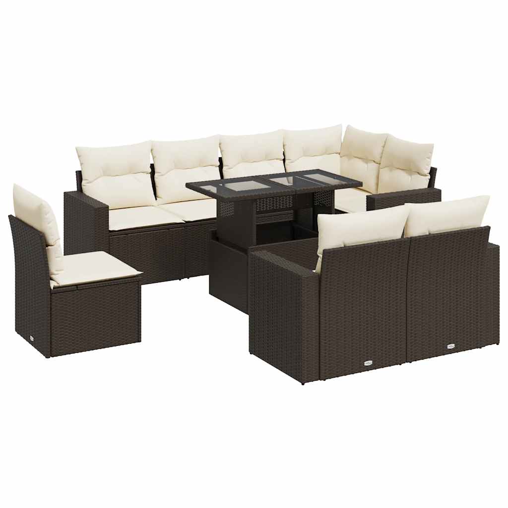 Set De Sofás De Jardín 9 Pzas Y Cojines Ratán Sintético Marrón