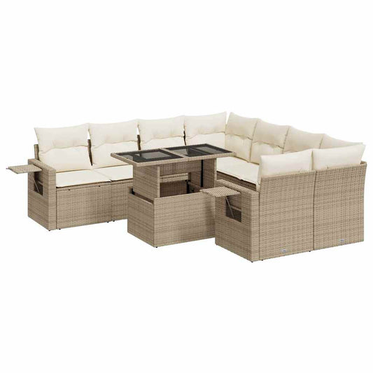 Set De Sofás De Jardín Con Cojines 9 Pzas Ratán Sintético Beige